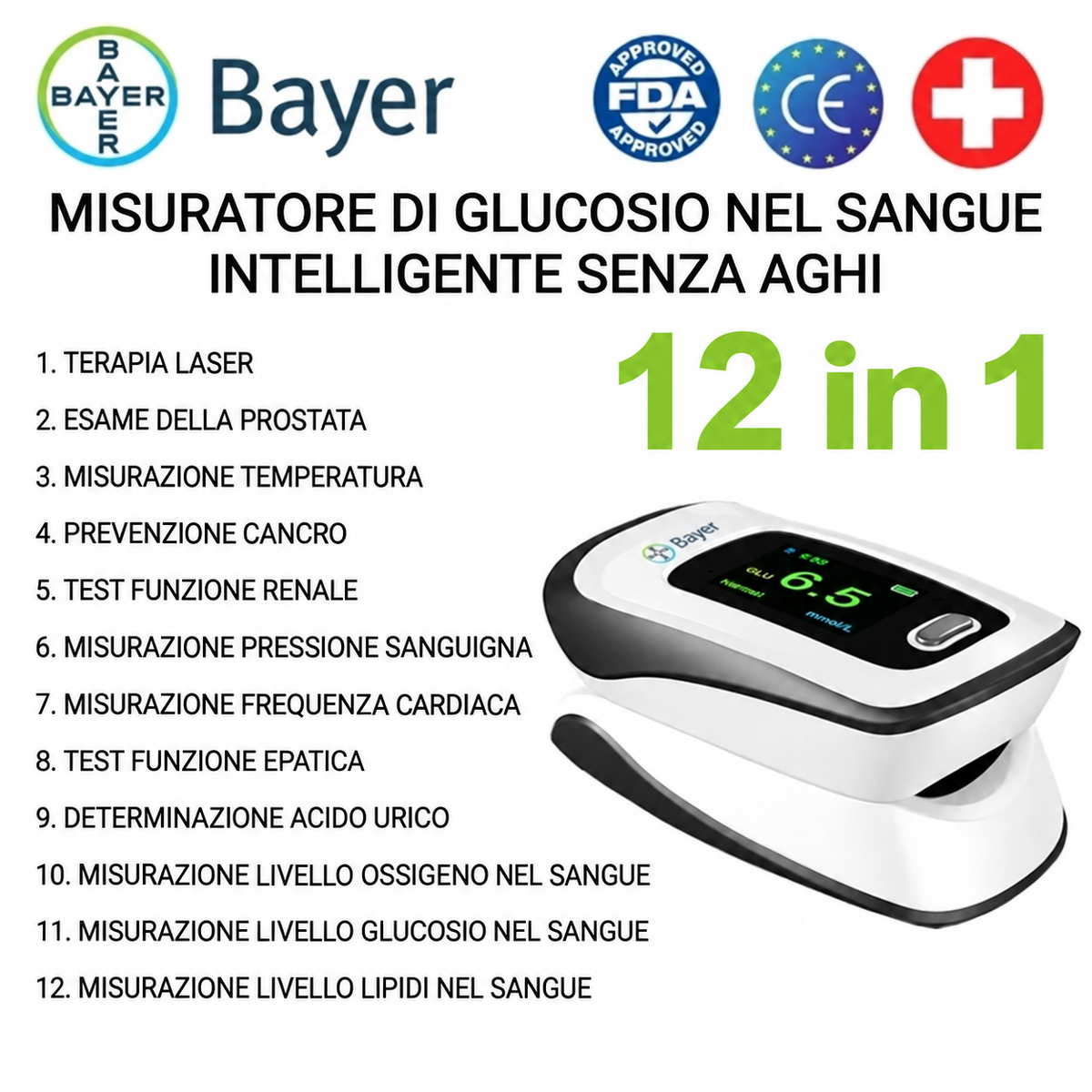 Bayer Misuratore di Glicemia Non Invasivo 12 in 1 – Glucometro Senza Puntura con Monitoraggio Multiparametrico